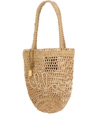 Chlo&eacute; Summer Banana kleine raffia shopper - Beige
