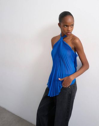 Topshop Top allacciato al collo con nodo in tessuto a pieghe blu cobalto