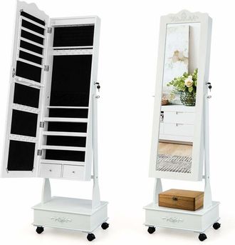 Costway Armadio per Gioielli da Terra con LED, Serratura, 4 Ruote e Specchio a Figura Intera, Angolo Regolabile in 3 Posizioni, per Soggiorno, Camera