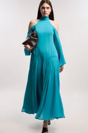 Karen Millen Womens Crinkle Georgette High Neck Cold Shoulder Woven Maxi Dress - Blue - Size 12 UK