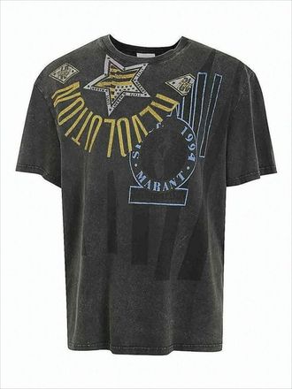 Isabel Marant Washed Black Graphic Print T-Shirt With Colorful Motifs
