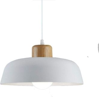 OEM Lampara Colgante - Pantalla Redonda Metal Madera - Casquillo E27 - Para Sal&oacute;n Dormitorio Cocina Oficina - Di&aacute;metro 30 Cm Altura 14 Cm - Blanco