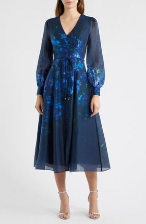 Ever New Kahlani Floral Print Long Sleeve Midi Dress in Navy Fontaine Floral at Nordstrom Rack, Size 0