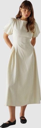 Warehouse Seersucker Puff Sleeve Midi Dress in Cream at Nordstrom, Size 14