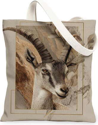 Generic Vintage Animal Canvas Tote Bags, Rustic Goat Design Lightweight Washable Reusable Shopping Bags for Outdoor Travel Beach Pi, Beige, 13x15 Inch