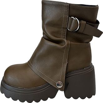 Generic Womens Ankle Boots Wedge Riding Boot Faux Leather Combat Boots Chunky Heel Biker Booties Ladies Mid Calf Boot Buckle Platform Sole Shoes Round Toe Wat