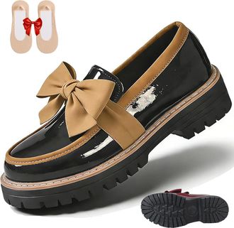 Generic Womens Bowknot Thick Sole Loafers, Womens Patent Leather Bowknot Chunky Platform Loafers - Casual Dress Shoes for Office Business Work Everyday Wear (