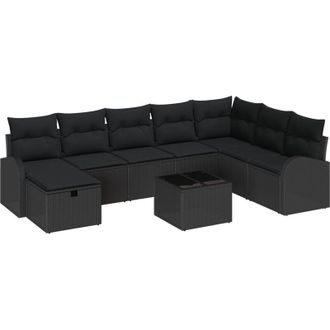vidaXL Conjunto De Sof&aacute; De Jard&iacute;n Con Coj&iacute;n 9 Pcs Negro Polirat&aacute;n