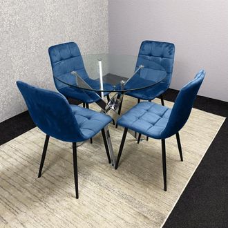Kosy Koala Round Glass Dining Table Set With 4 Blue Velvet Chairs Dining Room Furniture in Brown