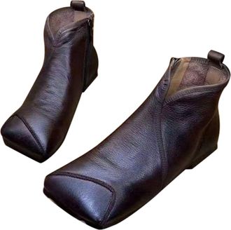 Generic Flat Bottom Boots, Outdoor Walking Shoes With Elastic Band Fashionable Retro Closed Split Toe Shoes Real Leather Low Heels Shoe Casual Street Cool Sty