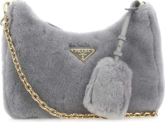 Prada Light Grey Shearling Shoulder Bag