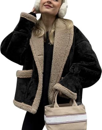 Generic Womens Winter Casual Faux Suede Leather Jacket Button Down Fuzzy Sherpa Lined Jacket Coat (Black,L)