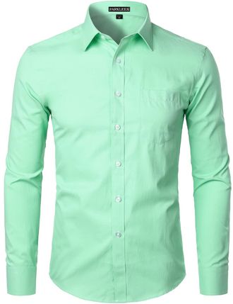 PARKLEES Mens Long Sleeve Dress Shirt Solid Slim Fit Casual Business Formal Button Up Shirts with Pocket Light Green XXL