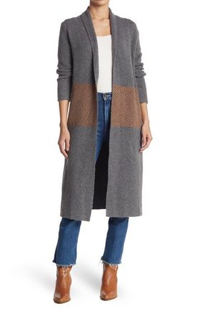 Bobeau Chevron Waist Knit Shawl Cardigan in Charcoal/camel at Nordstrom, Size X-Small