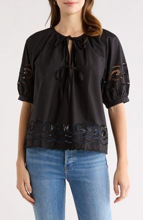 Rails Catalene Embroidered Eyelet Cotton Peasant Top in Black Embroidery at Nordstrom, Size Xx-Small