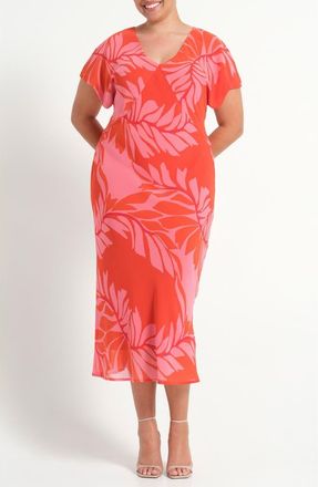 Estelle Leyla Leaf Print Sheath Midi Dress in Peony Rouge at Nordstrom, Size 16W