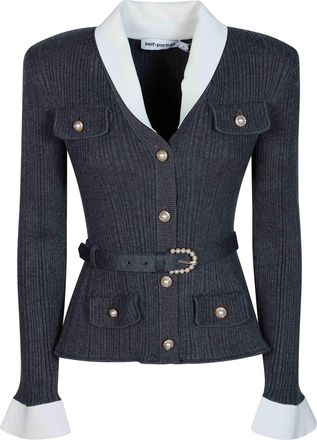 Self Portrait Grey Peplum Ribbed Knit Cardigan