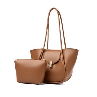 Generic PU Leather Simple Tote Handbag for Female for School Work Travel (Light Brown)