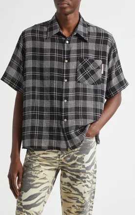 Stockholm Surfboard Club Jerry Plaid Short Sleeve Button-Up Shirt in Black Check at Nordstrom, Size X-Large