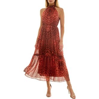 Socialite Printed Mock Neck Chiffon Maxi Dress in Brown/Brick at Nordstrom, Size X-Large