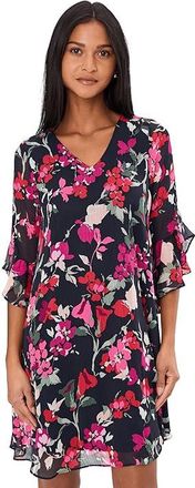 Calvin Klein 3/4 Sleeve Floral Shift Shift Dress Womens Dress Indigo : 14, Polyester