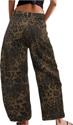 Generic Womens Stretchy Mid Rise Barrel Jeans Vintage Leopard Wide Leg Cropped Denim Pants Y2k Baggy Boyfriend Jeans for Yoga Casual Gym and Sports