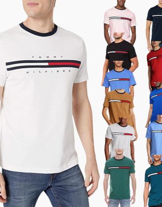 Tommy Hilfiger Mens Tommy Hilfiger Mens T Shirts Crew Neck Signature Stripe Summer Cotton Tino Tee - White/Black/Pink/White/Red/Green/Blue/Black - Size: 40