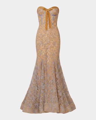 Mac Duggal Embellished Lace Strapless Mermaid Gown