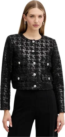 Michael Kors Jassen, Dames, Zwart, M, Tweed, Geknoopte Tweed Jas met Pailletten