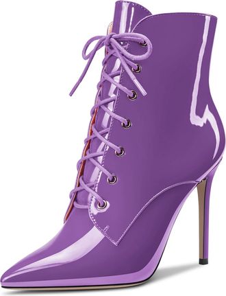 Castamere Women Stiletto High Heel Zipper Pointed Toe Ankle Boots Short Bootie Lace-up Dress Sexy Office 10 CM Heels Boots Purple Patent 8 UK