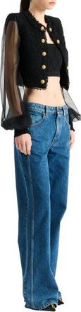 Balmain Cropped tweed and muslin jacket in Black at Nordstrom, Size 42