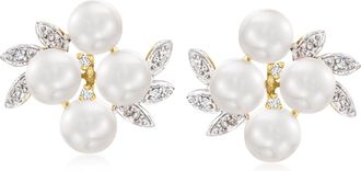Ross-Simons 5.5-6mm Cultured Pearl Cluster Earrings With Diamond Accents in 14kt Yellow Gold