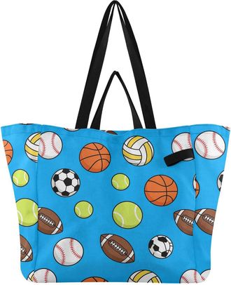 Generic Football Blue pattern Reusable Canvas Tote Bag, Heavy Duty Grocery Shopping Bag with Large Capacity Double Handles Hard Bottom Work Groceries Travel