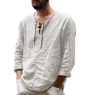 Generic Men Cotton Linen Henley Shirts, Mens Business Casual Patchwork Shirt Mens Casual Solid Colour Lace-Up Long Sleeve Shirt Top Beach Yoga Tops Mens Long 