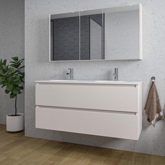 Saniclass Chaci Badkamermeubelset - 120x46x55cm - keramische wastafel wit - 2 ovale wasbakken - 2 kraangaten - 2 lades - spiegelkast - mat cotton (beige)