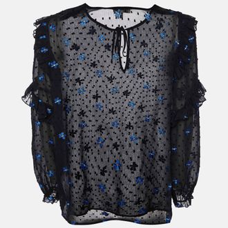 Maje Black Dotted Embroidered Crepe Ruffled Top