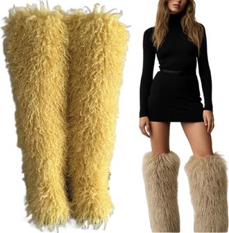 Generic Fluffy Thigh High Boots, 28in Over The Knee Fluffy Boots For Women, Black Thigh High Fur Shoes, Tall Furry Shoes (10.5,Yellow)