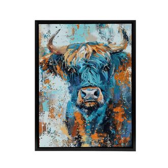 Artery8 Highland Cow Scottish Hairy Coo Framed Canvas Wall Art Print in Blue | Size: W24 x H32