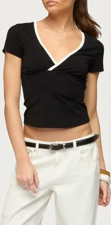 Edikted Yulenna Contrast Trim V-Neck Top in Black at Nordstrom, Size X-Large