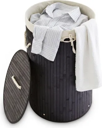 Relaxdays 2 Cestos Ropa Sucia Con Tapa, Redondo, Cubo Colada, Canasta Plegable, Bamb&uacute;, 70 L, &Oslash; 41 Cm, Negro