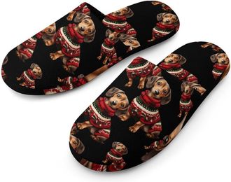 Generic Cute Dachshund Dog in Sweater Flannel Mens Slip-on Slippers Winter Warm House Shoes with Rubber Sole for Home Hotel