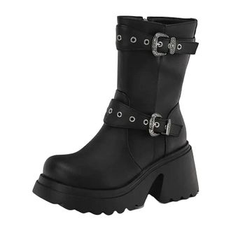 Generic Womens Stylish Mid Calf Boots Round Toe Super High Chunky Heel Platform With Side Zipper For A Modern Look