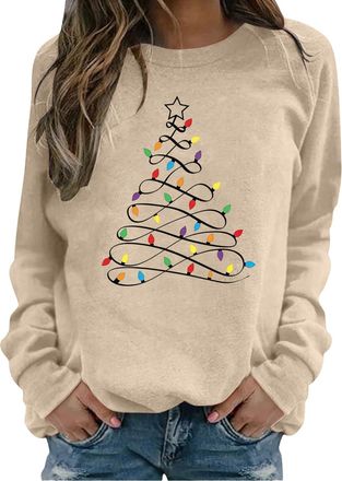 Generic Christmas Tree Jumper for Women UK Long Sleeve Crew Neck Pullover Tops Funny Xmas Tree Print Sweatshirt Soft Comfortable Jumpers Autumn Winter Warm Tu