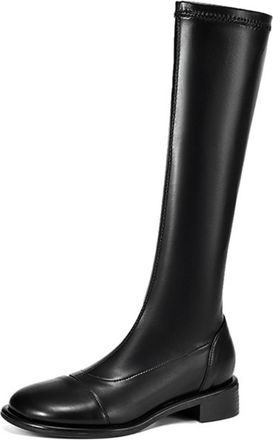 Generic Womens Fashion Round Toe Faux Leather Knee-High Boots Block Heels Side Zip Comfortable Anti-Slip Wear-Resistant for Office Daily Commute Casual,Black,