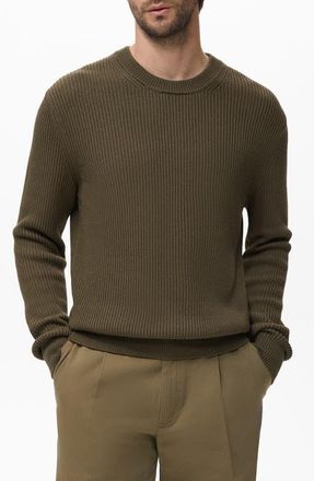 Mango Fine Rib Knit Cotton Crewneck Sweater in Olive Green at Nordstrom, Size Medium
