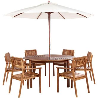Beliani Set da Pranzo Giardino Esterno Set Tavolo 6 Sedie Acacia Legno Chiaro Ombrellone Agello/Tolve