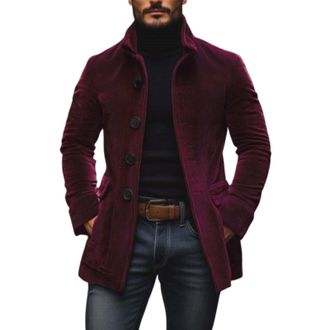 Generic Mens Corduroy Winter Trench Coat, Long Stand Collar Jacket with Single-Breasted Buttons for Casual and Dress Occasions (Dark Purple,M)