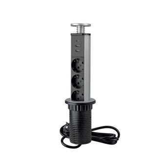 Emuca Multiconector Extra&iacute;ble Vertikal, 3 Enchufes Tipo Schuko, 1 Usb Tipo A, 1 Usb Tipo C, Pl&aacute;stico Y Aluminio, Gris Metalizado - Emuca