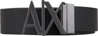 A|X Armani Exchange Mens Split Leather Double Sided Logo Belt, Black/Dark Brown, One Size