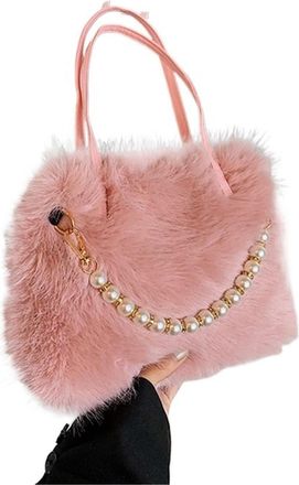 Generic Womens Plush Bags Winter Faux Fur Crossbody Bags For Womens Gift, Pearl Chain Decor Shoulder Bag, Ladies Handbags Top-handel(Pink)